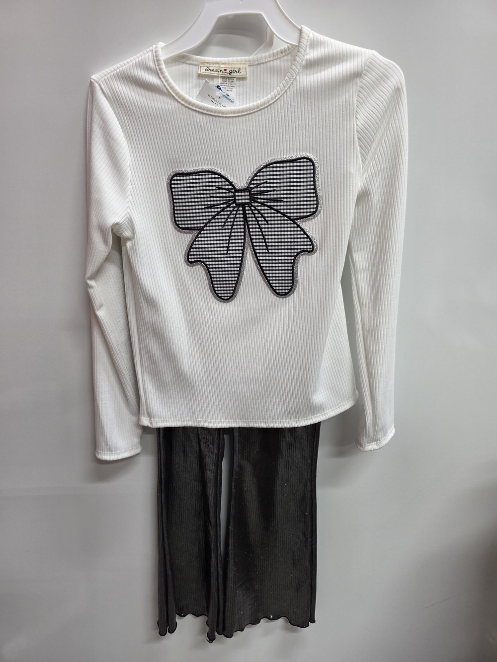 Kids Matching Set - White Ribbed Top with Black Bow & Black Pants